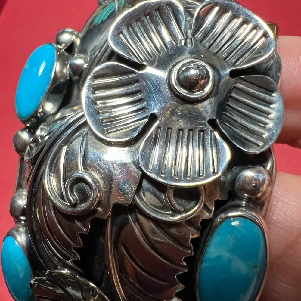 Vintage sterling silver Cuff Bracelet c11 925 Mexico Flower design/ turquoise - Picture 9 of 16